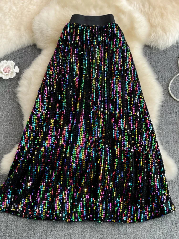 

Spring Autumn Sequin Long Skirt Women High Waist Slim A-line Elastic Waist Bling Sparkling Skirt