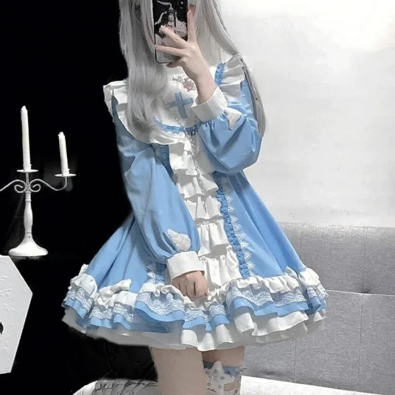 

Japanese Lolita Princess OP Dress for Women, Kawaii Bow Ruffles, Blue and Black, Harajuku, Tea Party, Lolita
