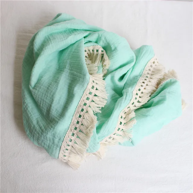 Cotton Muslin Swaddle Blankets for Newborn Baby Tassel Receiving Blanket New Born Swaddle Wrap Infant Sleeping Quilt Bed Cover Green
