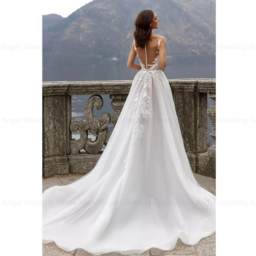 ANGEL Spaghetti Straps Wedding Dress For Women Tulle Sexy High Split Scoop-Neck Bridal Gown Illusion Backles Vestido De Noiva 2
