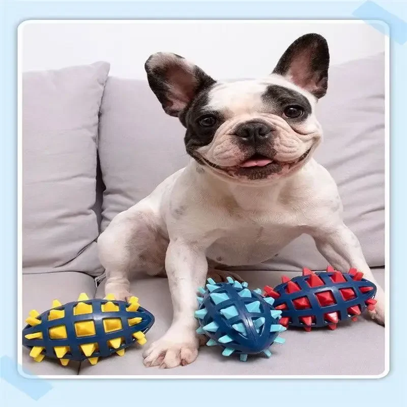 Durable Dog Rugby Toy with Soft Spines for Teeth Grinding and Squeaky Fun