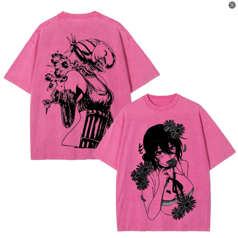Vintage Gothic Washed Oversized Chainsaw Man Anime T-Shirt - Unisex Short Sleeve Cotton Tee
