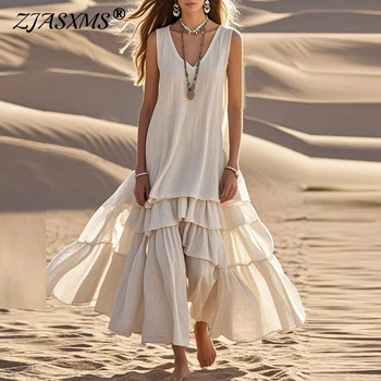 Retro Solid Cotton Linen Pleated Long Dress Woman Spring Fashion V Neck Loose Maxi Dress Summer Sleeveless Tank Boho Beach Dress 1