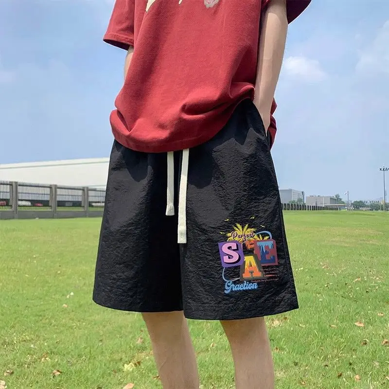 American Style Trousers Summer New Men's 2024 Color Letter Elastic Drawstring Fashion Loose Sweatpants Knee Pants Casual Shorts