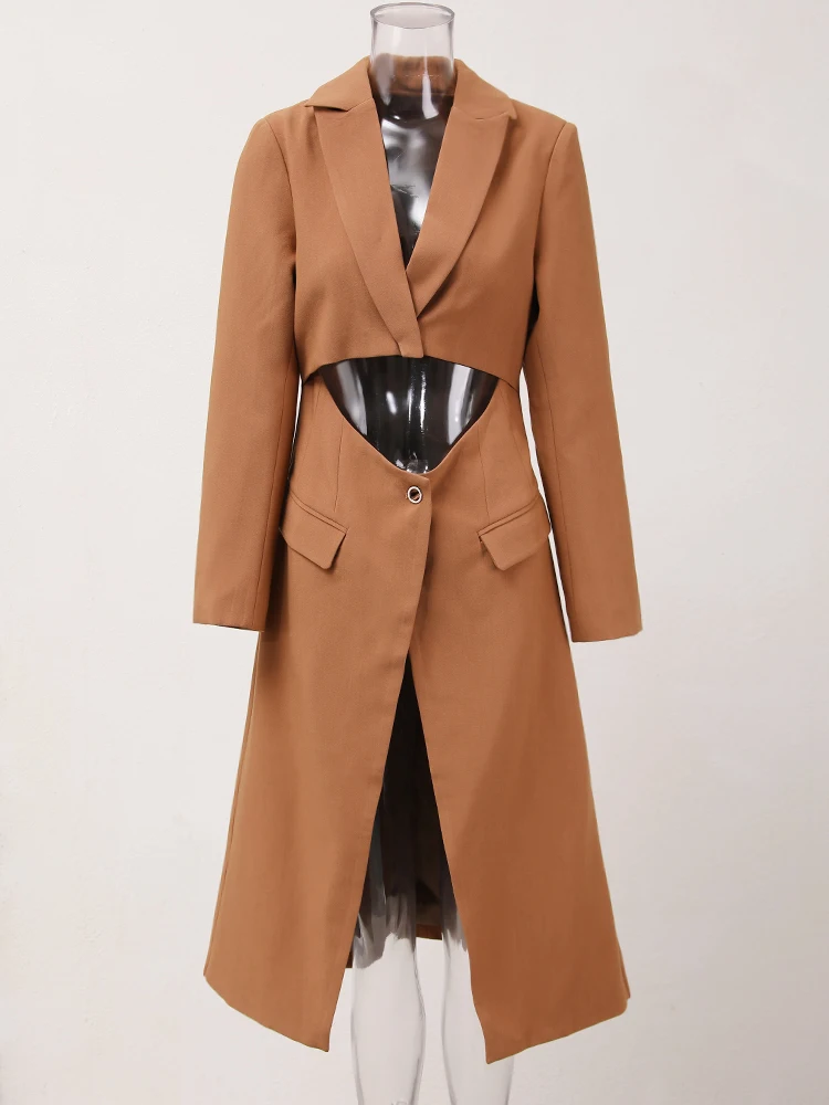 DEAT Fashion Women's Long Blazer Notched Collar High Waist Hollow Out Single Button Long Sleeve Suit Jackets Summer 2024 New