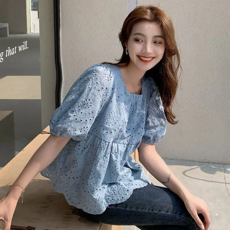 

2024 Women Summer Fashion Short Sleeve Loose Shirt Tops Female Cotton Linen Blouses Ladies Solid Color Pullover Shirts L31
