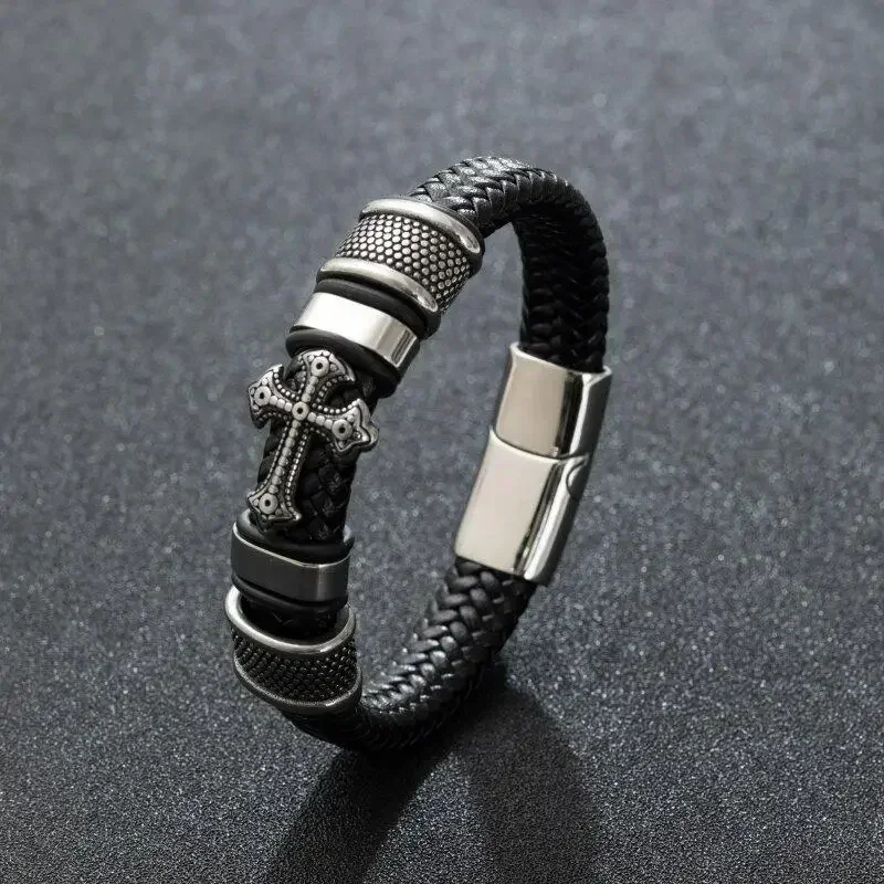 Men Fashion Classic Black Woven Leather Inlaid Cross Magnetic Hidden Safety Buckle Business Casual Bracelet