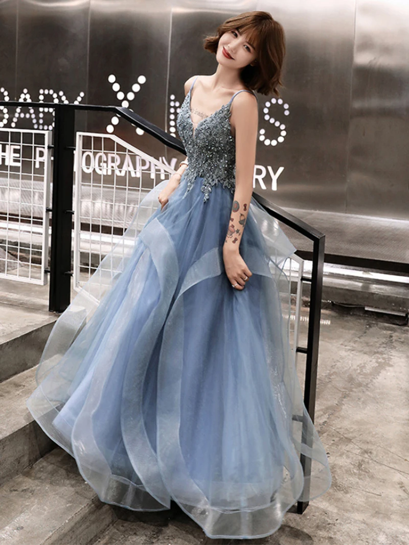 U426 New Sexy Black Grey Blue Long Evening Prom Dresses Banquet Party Ball Prom Dresses Woman Formal Gown Tiered Party Dress