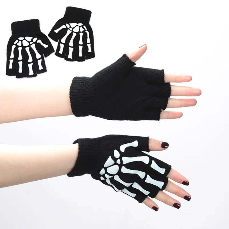 Unisex Warm Knitting Half Finger Gloves for Adult Punk Gothic Gripper Print Cycling Non-slip Wrist Winter Mittens Halloween