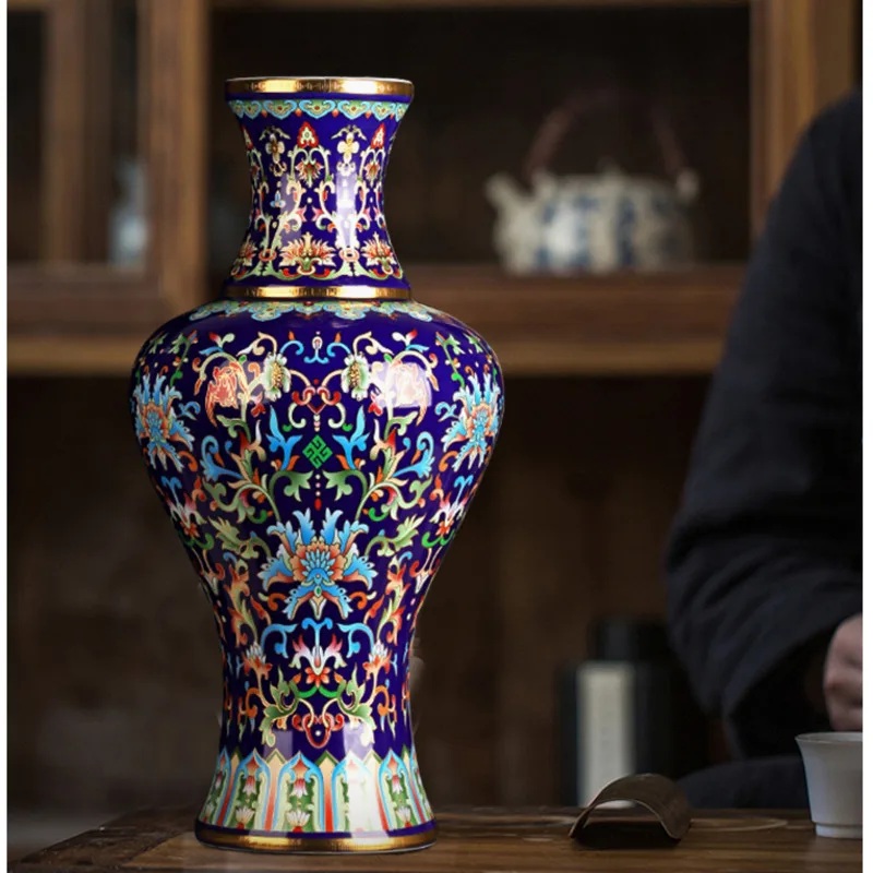 

Antique Enamel Color Flower Vase Ceramics Fish Tail Bottom Living Room Standing Ornaments High Temperature Fired Craft Artworks