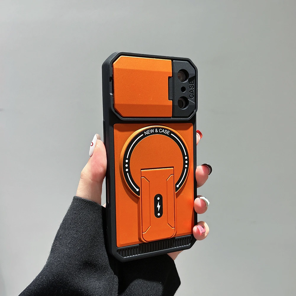 Enhanced Magnetic Folding Bracket Phone Case with Flip Lens Protection and Stand Cover