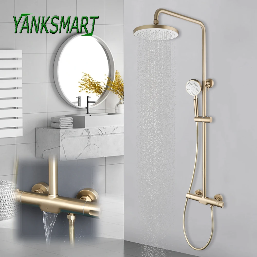 

YANKSMART Brushed Gold Bathroom Shower Faucet Mixer Bathtub Spout Brass Valve Wall Mounted 3-Functional Exposed Showers System