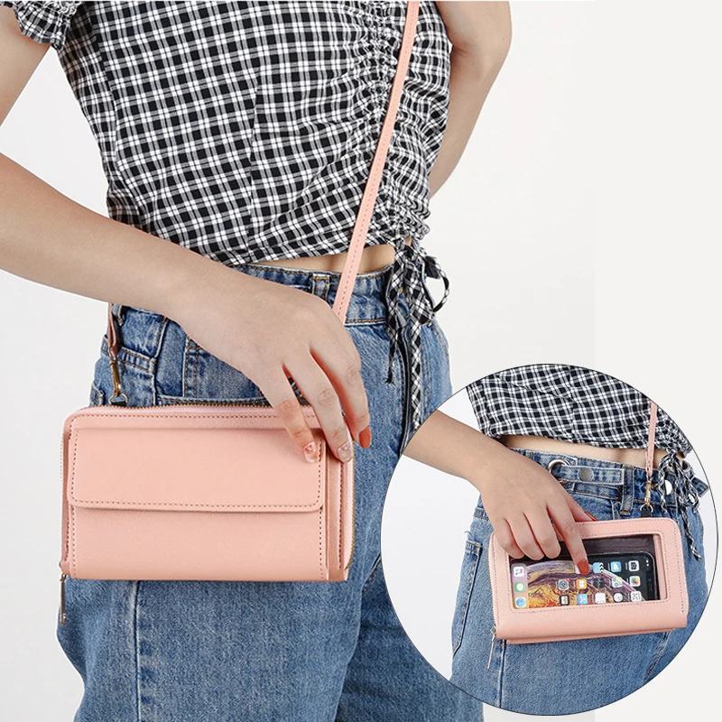 

Женская тонкая сумка с ремешком на плечо с сенсорным экраном, маленькая сумочка для сотового телефона, умный Длинный кошелек с Rfid, брендовые дизайнерские синие сумки-книжки с ремешком