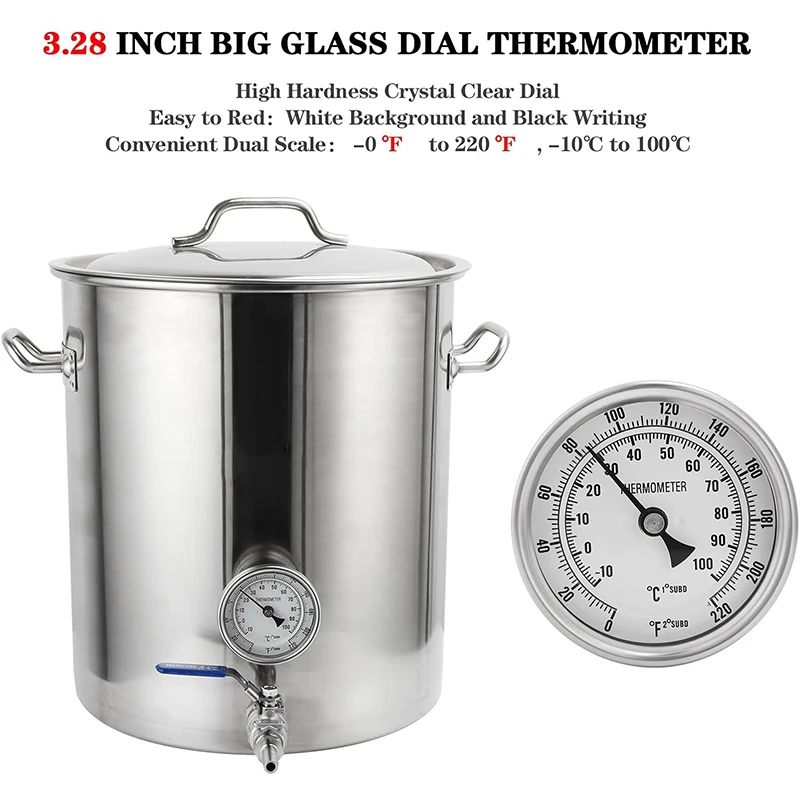 Bi-Metal Thermometer 1/2 NPT 3" Dial Weldless Thermometer for Homebrew Kettle 0~220F Stainless Steel Mounting Assembly