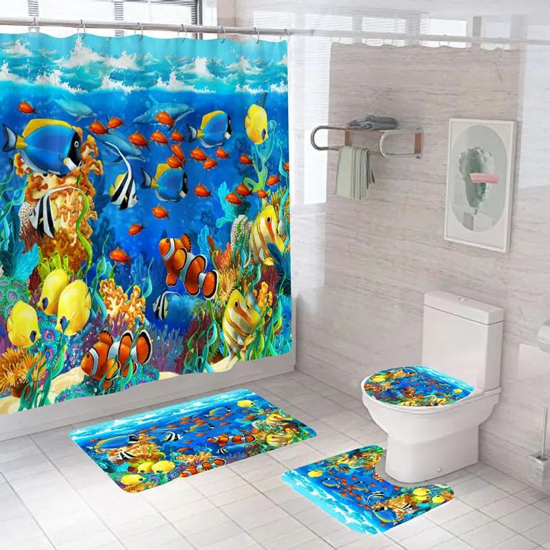 3D Print Fish Bath Curtain Dolphin Mat Set Marine Life Toilet Rugs Flower Carpet Waterproof Anti-slip Shower Curtains |