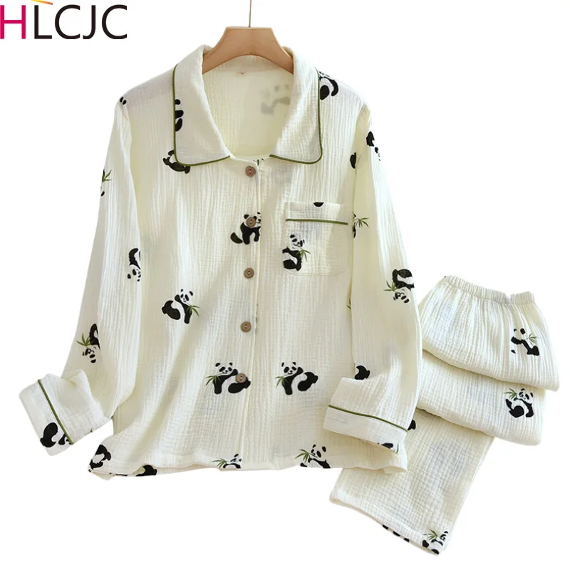 

Cotton Crepe Cute Panda Women Pajamas Thin Sleepwear Pyjamas Women 2023 Soft Loose Pajama Set Casual Long Sleeve Pijamas Suit