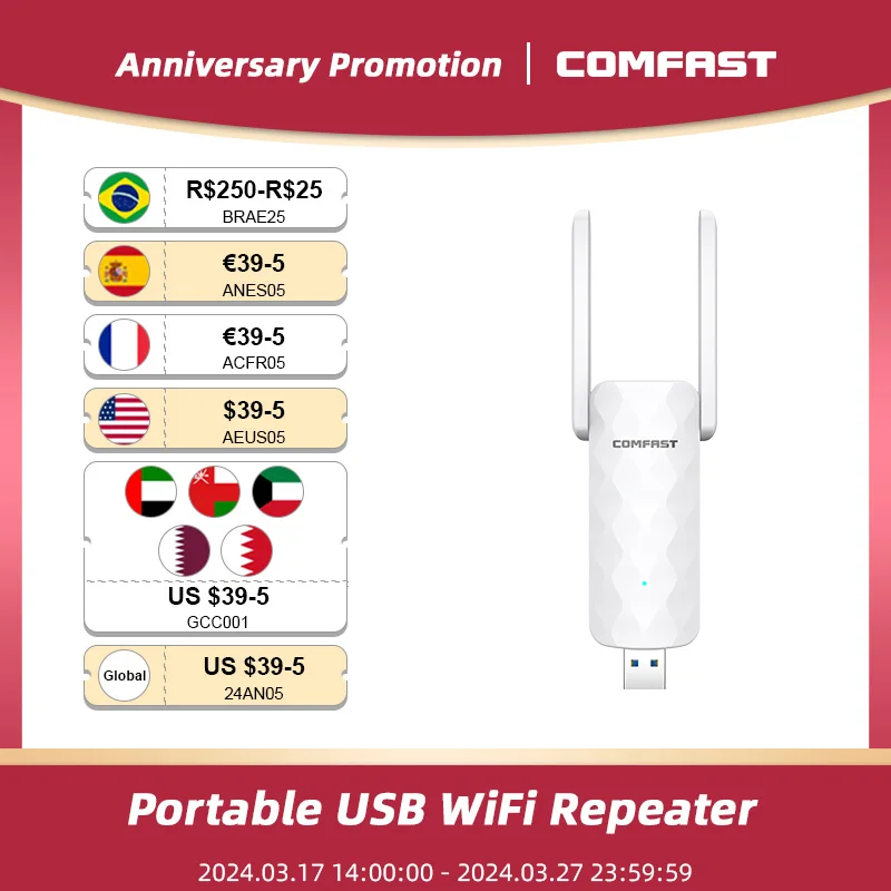 

COMFAST USB Wifi Repeater 300Mbps Wi-Fi Signal Booster 2.4G Wireless Extender 2 Antenn Long Range Wi Fi Repiter For Drone Extend