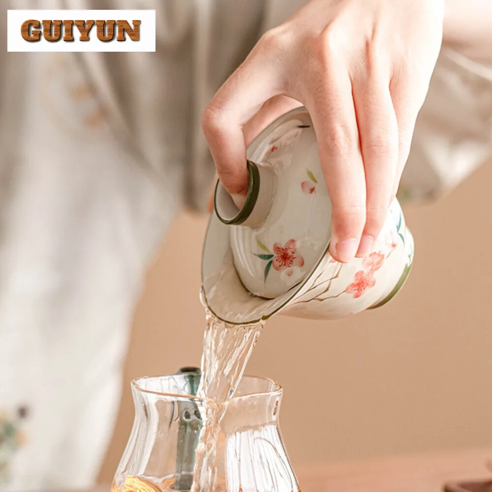 110ml Hand-painted Peach Blossom Gaiwan Traditional Three Talent Tea Tureen Tea Maker Cover Bowl Services Supplies Craft