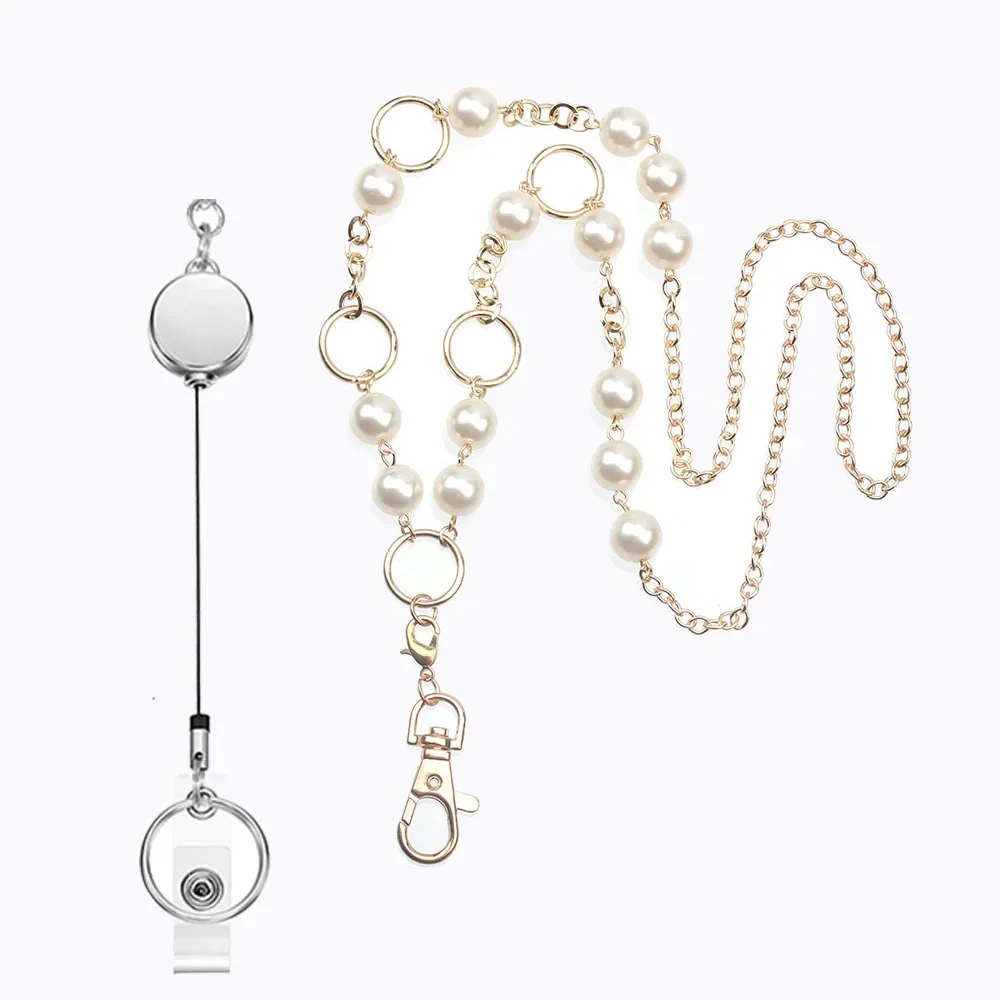 Mode Perle Versenkbare Abzeichen Reel Lanyard mit ID Karte Halter für Frauen Lanyards Edelstahl Hals Kette Schlüssel Halter