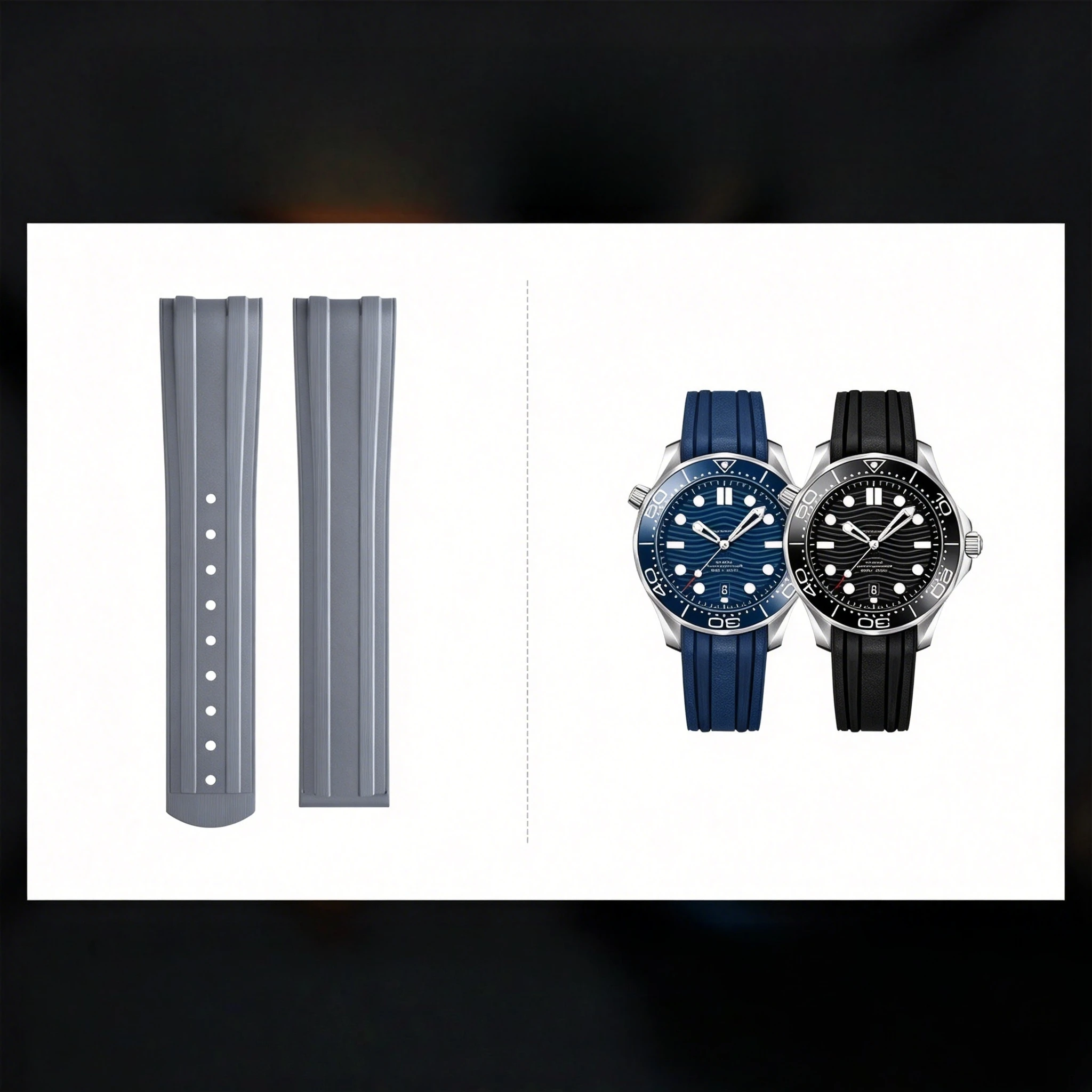 Omega Seamaster High-Quality Curved End 20mm FKM Rubber Watch Band with Original Extended Buckle