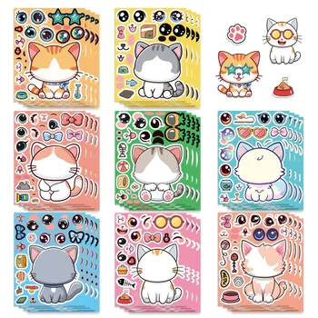 8 Fogli/Pacco Adesivi Decorativi Fai-da-te con Gatti che Cambiano Faccia, Decalcomanie Cartoon per Telefono, Laptop, Bagagli, Frigorifero