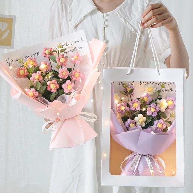 Creative Flowers Bouquet Hand-woven Flower Bouquet Finished Crochet Flower  with Portable Paper Bag Party Decoration Gift 꽃다발 ブーケ - AliExpress