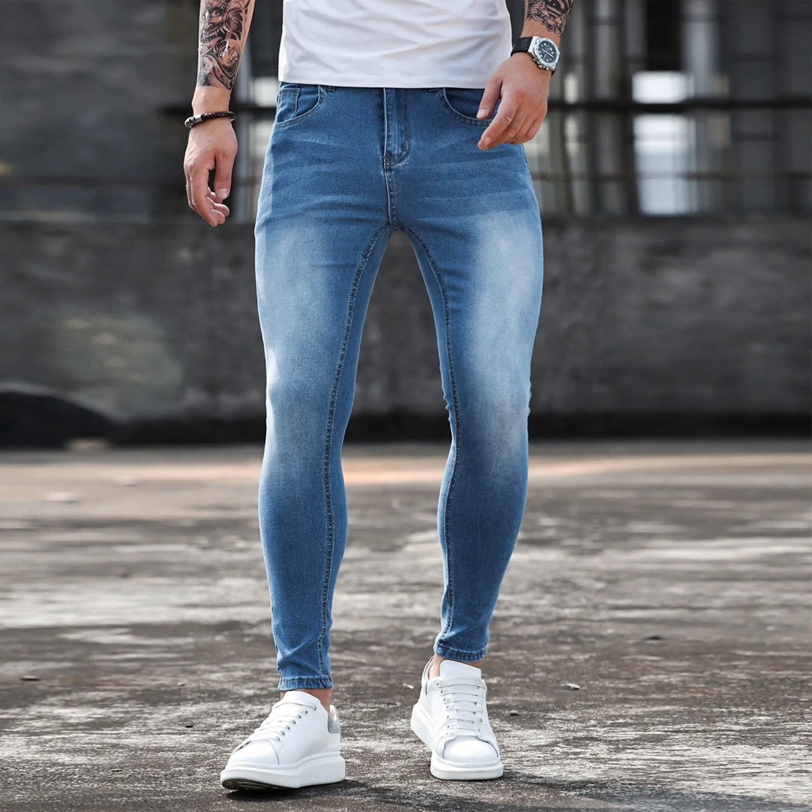 

Male Spring Solid Color Multi Pocket Jeans Casual Button Slim High Waist Trousers Indoor House
