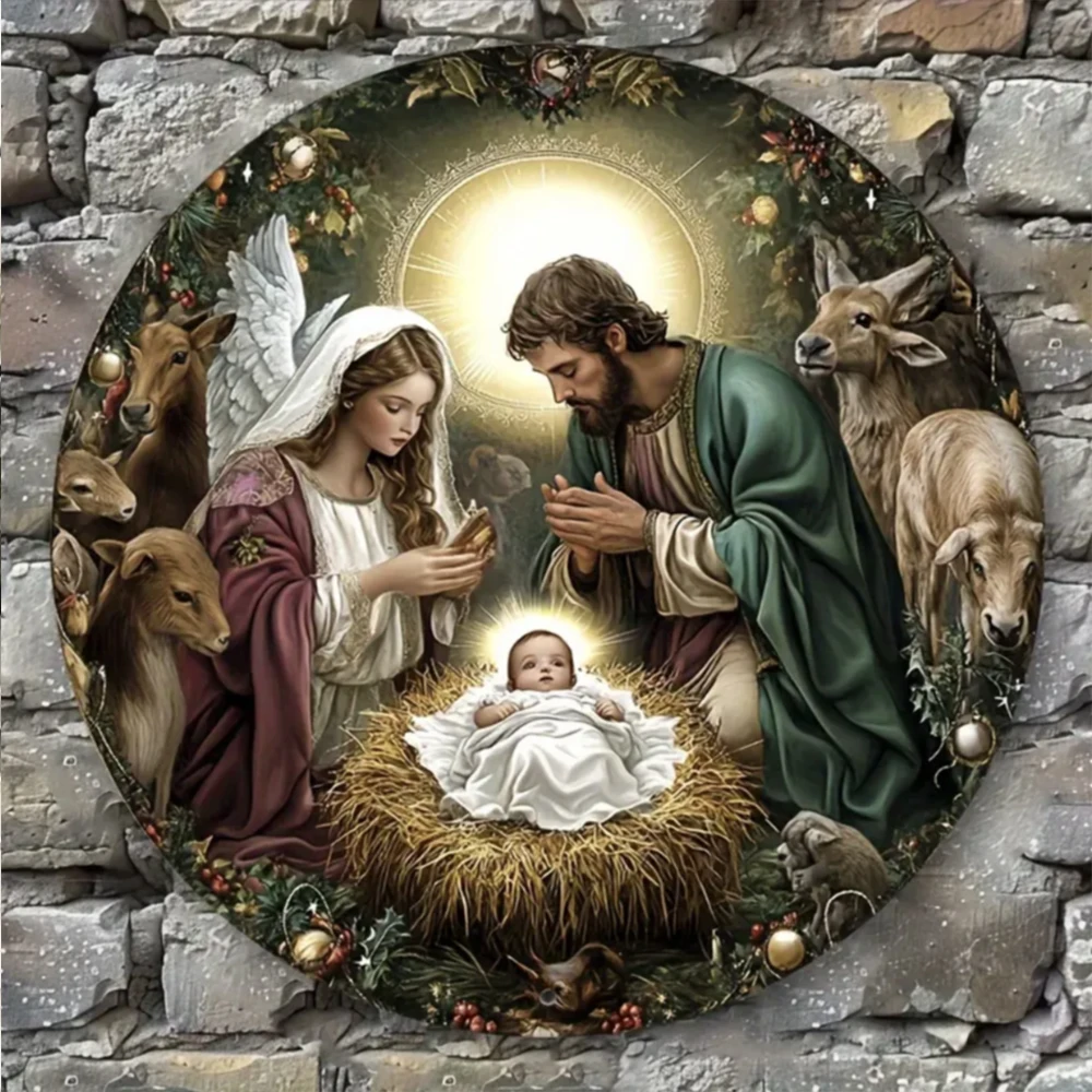 2D Holy Scene Guard Jesus Birth Acrylic Window Hanging Wreath Round Wooden Sign Window Church Front Door Porch Wall Home Decor