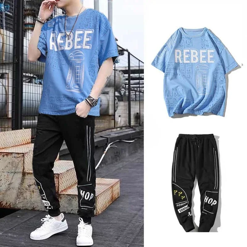 thumbnail image 1 of Conjuntos de pantalones y camisetas con estampado gráfico para hombre, pantalones de nailon para hombre, conjunto de dos piezas coreano estético negro, trajes XL elegantes, 1 of 4