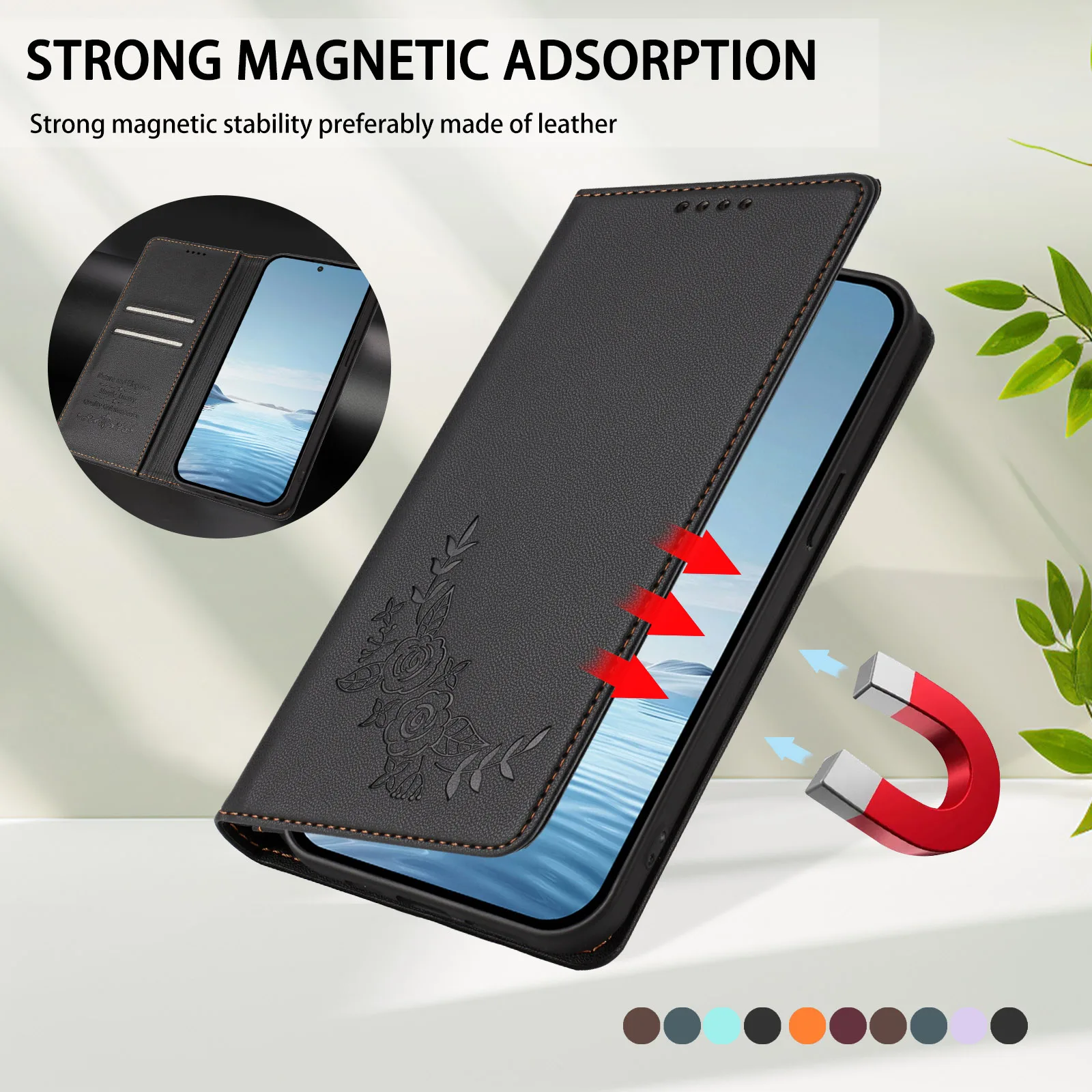 Magnetic Flip Wallet Case with Kickstand and Card Slots - Shockproof Cover