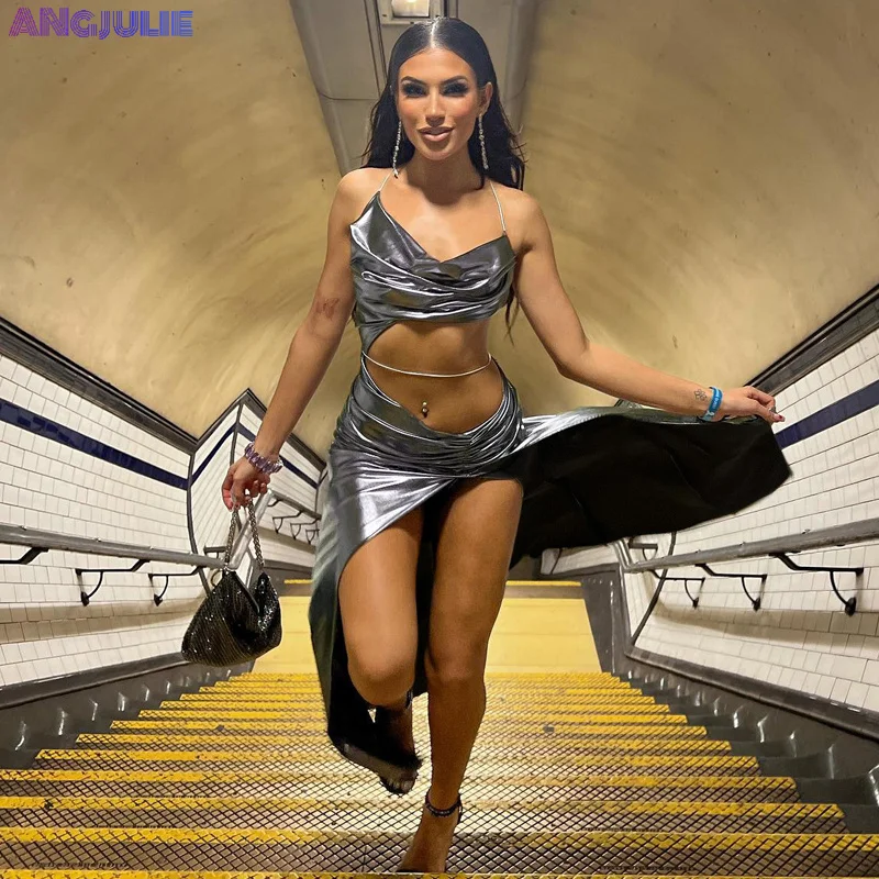 

Элегантное летнее уличное платье Angjulie из искусственной кожи без рукавов с открытой спиной комбинации с вырезами ДРАПИРОВАННОЕ разрезом Макси платье 2023 приблизительное платье