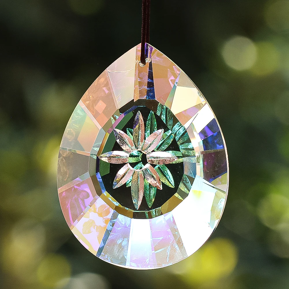 75mm Water Drop Crystal Engraved Snowflake Facete Glass Prism Sun Catcher for Indoor Hang Chandelier Light Gather Rainbow Maker