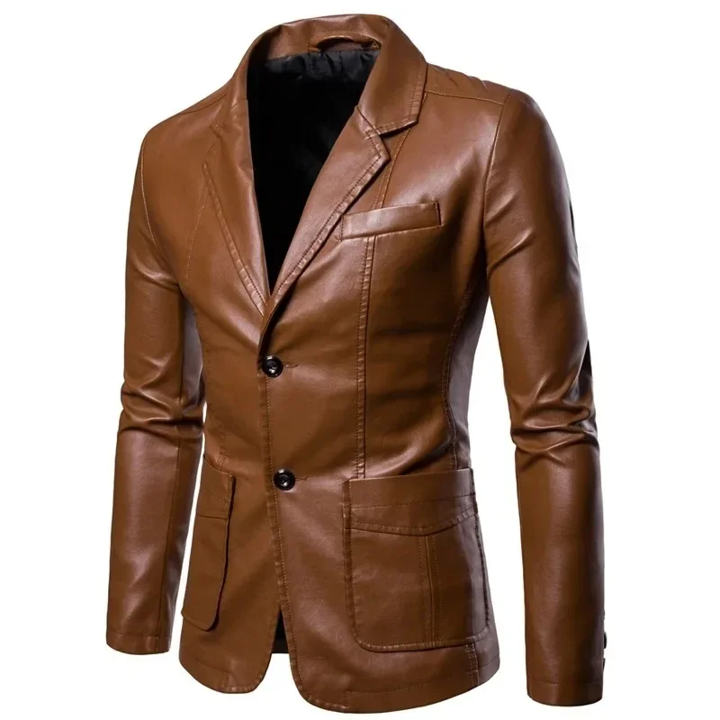 Leather Blazer Man Spring Autumn Fashion Men's Leather Jacket Dress Suit Coat Male Business Casual Pu Black Blazers Jacket