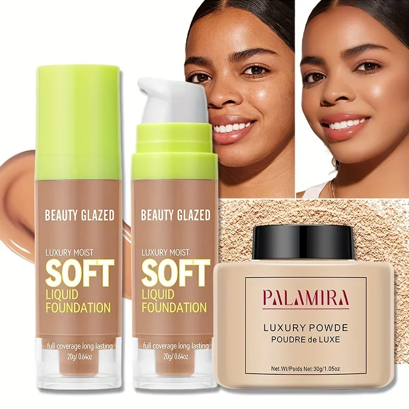 Beauty Glazed Matte Liquid Foundation & Loose Powder Set Full Coverage Long-Lasting Oil Control Moisturizing Loose Powder