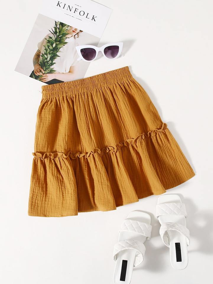 Summer yellow fashion casual elastic wooden ear edge pleated cake skirt sweet small show white skirt new