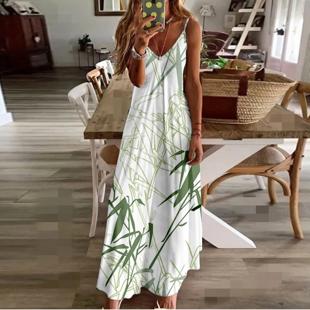 

Женское платье с бамбуковым принтом, Длинная пляжная одежда без рукавов с V-образным вырезом, праздничное платье, весна-лето