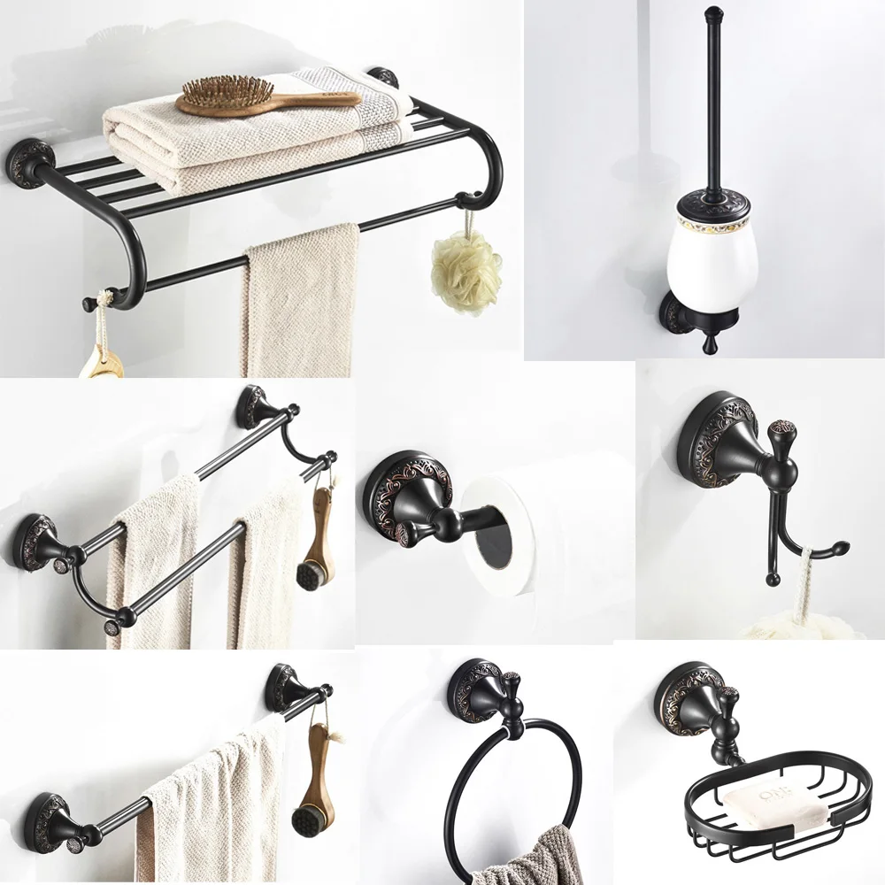 Black Brass Acessórios do Banheiro Conjunto de Hardware Barra de Toalha Rack do Trilho Suporte do Papel Higiênico Escova do Vaso Sanitário Chuveiro Saboneteira