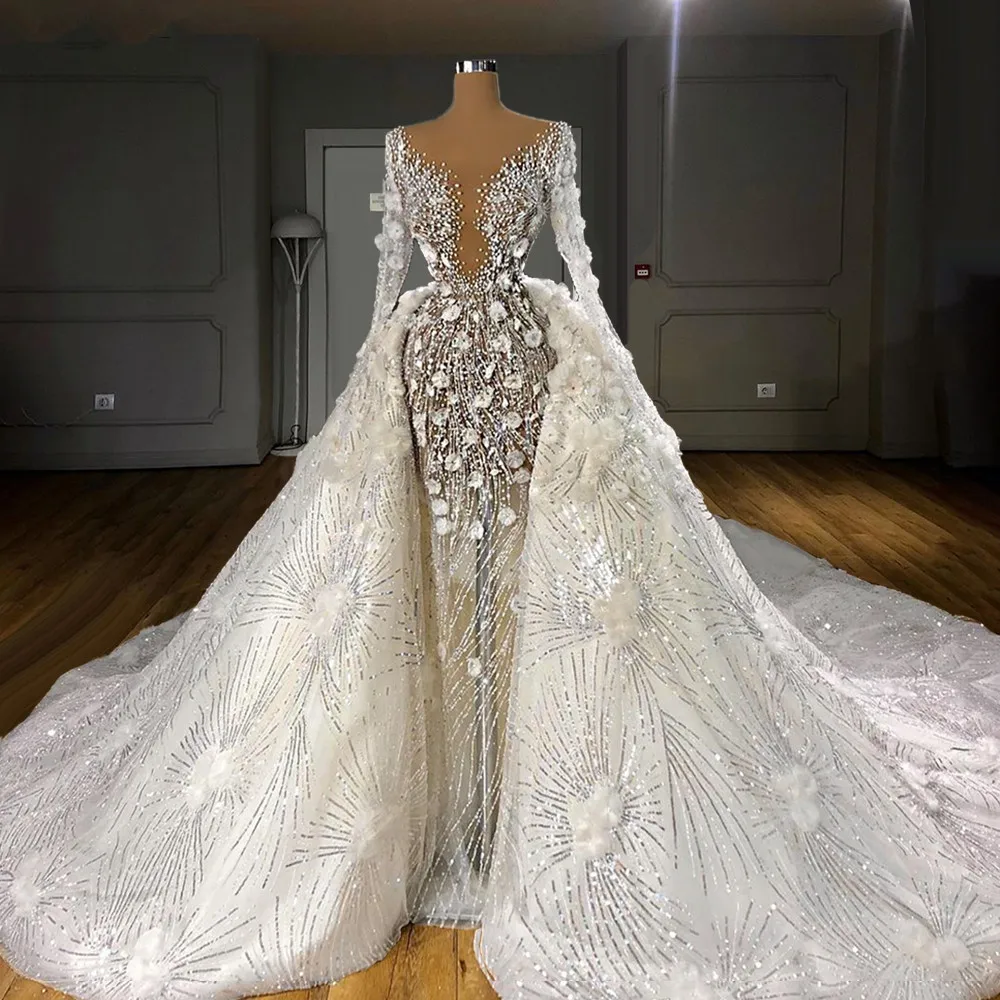 

Luxury Two Pieces Wedding Dresses 2023 Long Sleeves Pearls Wedding Gowns Flowers Sequined Bridal Dress Vestidos De Novia