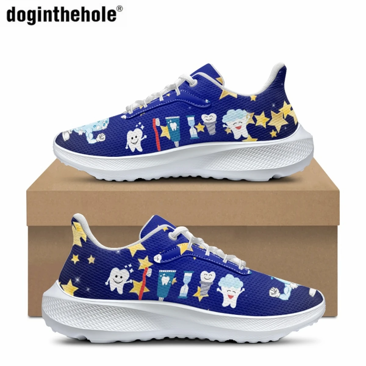 

Doginthehole Women's Lace-Up Sneakers New Gradient Color Cartoon Teeth Print Outdoor Sports Running Shoes Hospital Nursing Shoes