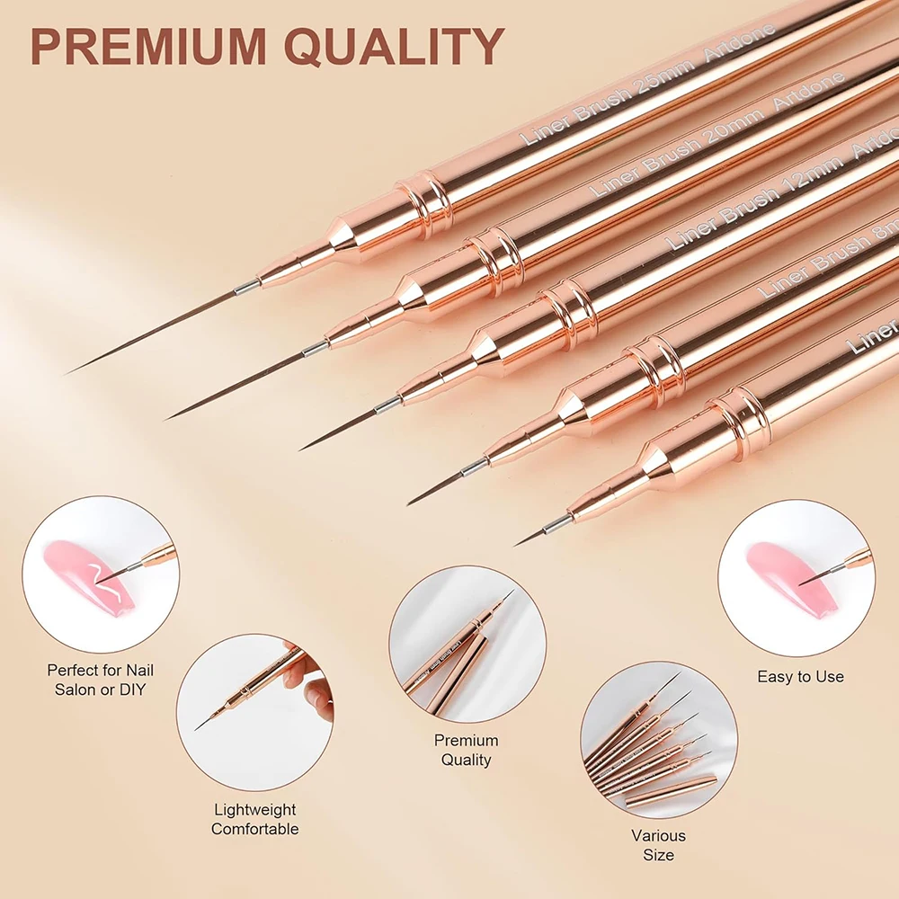 Champagne 4/8/12/20/25mm Nail Art Pens Detail Liner Brushes Nail Tools Long Lines Drawing Liner Brush UV Gel Polish Painting 5