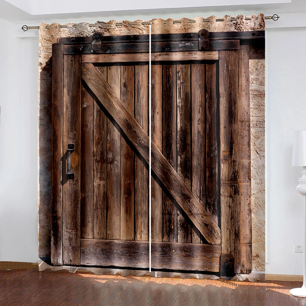 

Rustic Curtains Wooden Barn Door in Farmhouse Image Desgin Rural Art Architecture Print Living Room Bedroom Window
