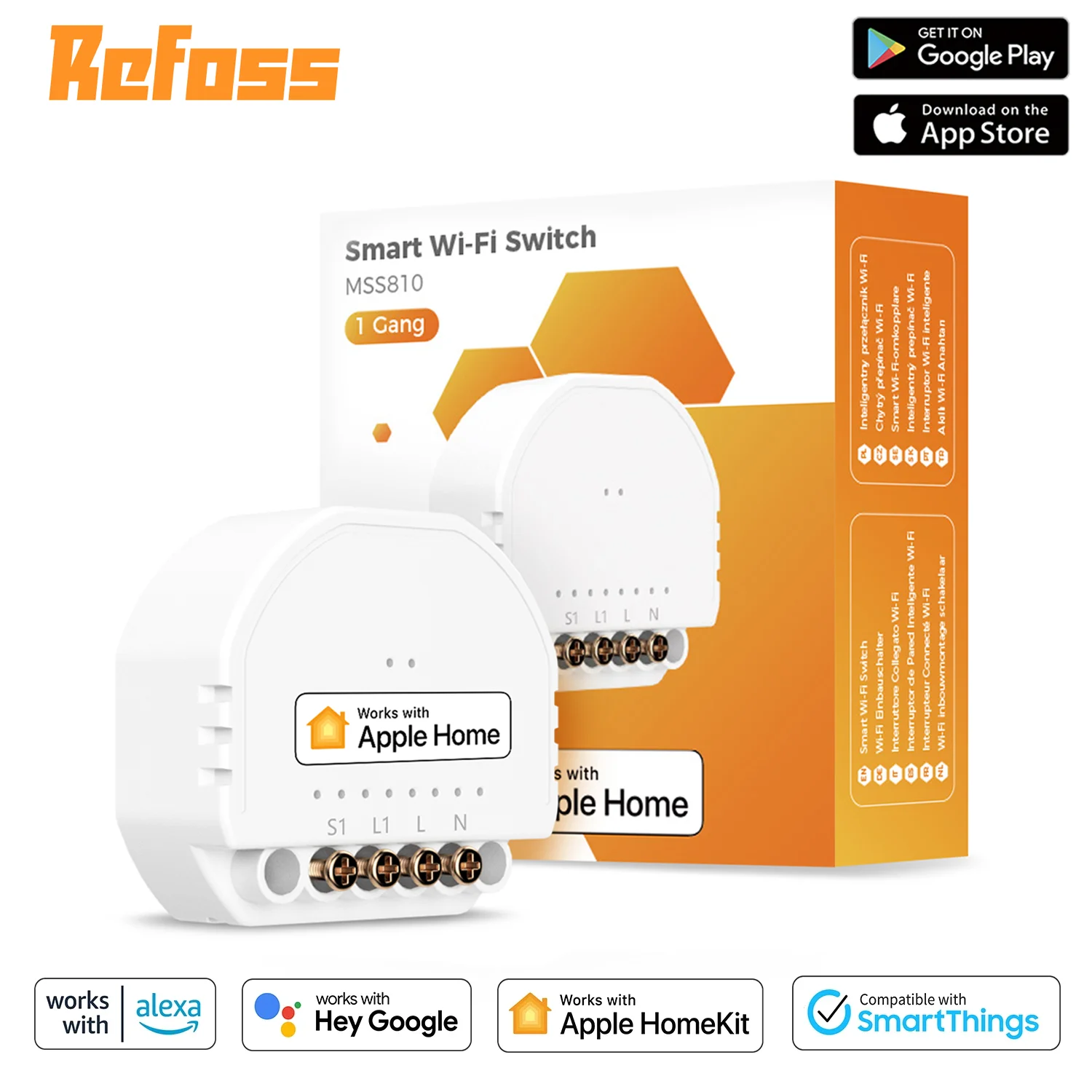 Refoss-interruptor inteligente con WiFi para el hogar, dispositivo de 1 entrada y 1 vía, compatible con Apple HomeKit, Siri, Alexa y Google Home