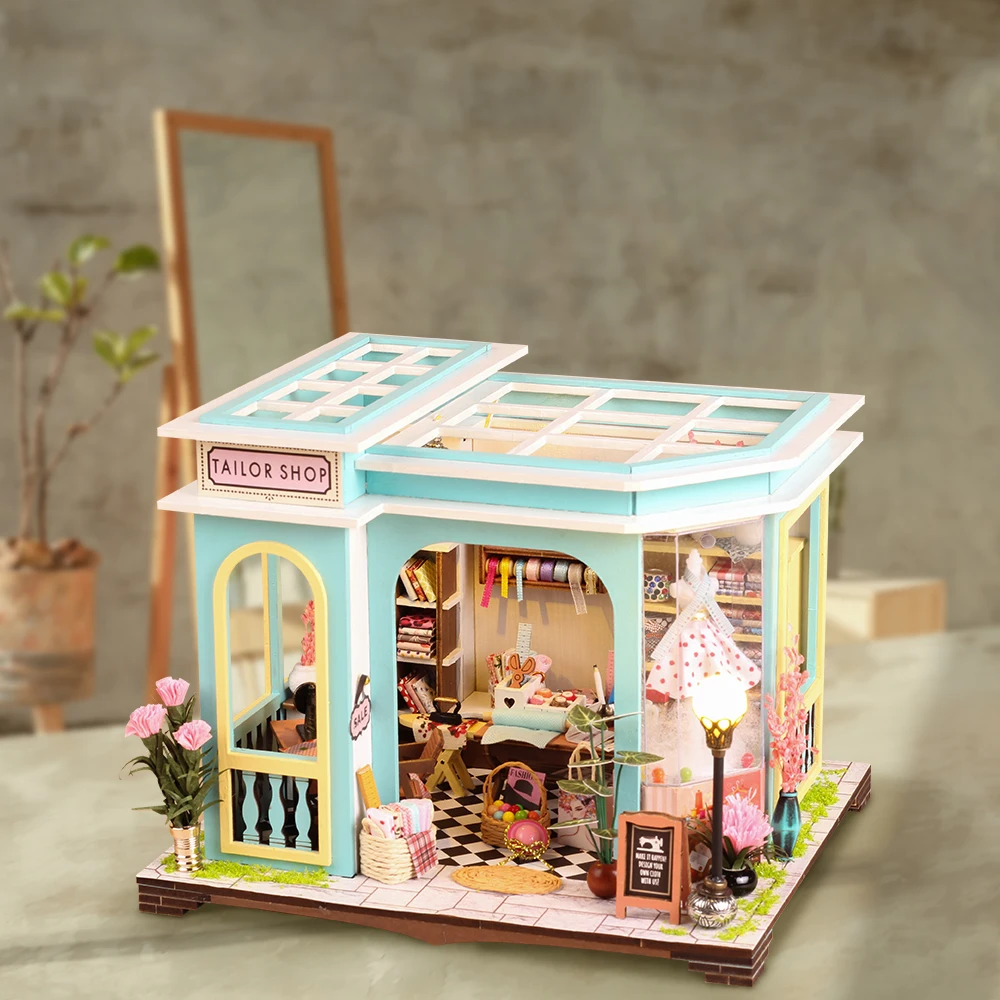 DIY Wooden Miniature Model Kit Tailor Shop Casa 3D Puzzle Dollhouse With Furniture Lights Roombox Home Decor for Friends Gifts 3
