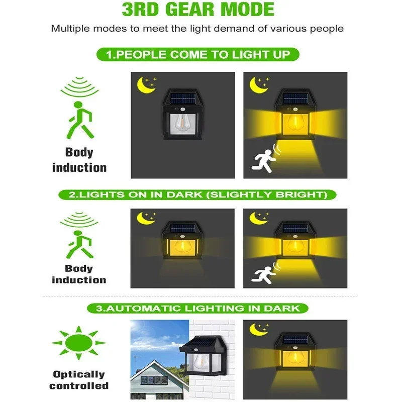 1~4Pcs Outdoor Solar Wall Lamp Waterproof Tungsten Filament Lamp Induction Lamp Household Light Garden Wall Light 5
