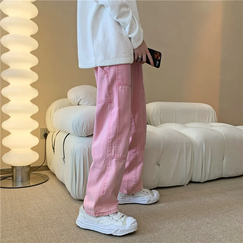 Pink Jeans Men Fashion Vintage Pocket Cargo Jeans Men Streetwear Hip Hop Loose Straight Denim Trousers Mens Wide Leg Pants S-3XL