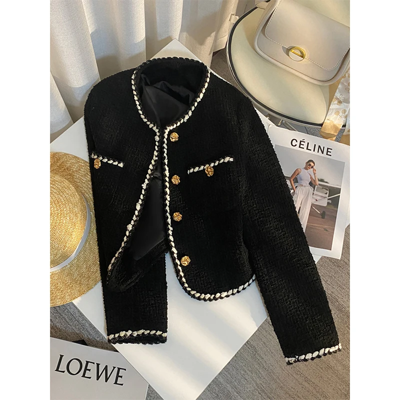 MEXZT Vintage Tweed Jacket Women Elegant Cropped Quilted Coat Commute Black Blazer Winter Ladies Korean Short Outerwear Tops New 4