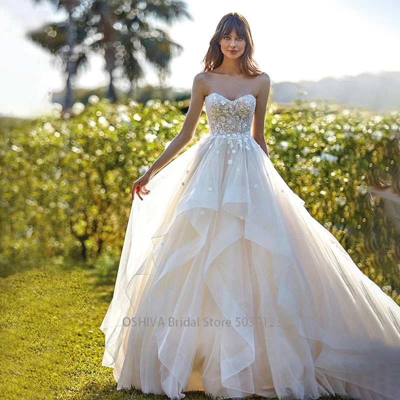 Sweetheart A-Line Lace Tulle Beach Wedding Dress | Sleeveless