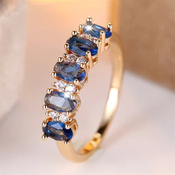 Cute Oval Stone Single Row Blue Crystal Rings For Women Vintage Gold Color Engagement Ring Wedding Jewelry Bridal Birthday Gifts