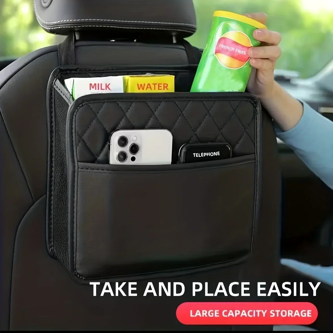 Car Back Seat Organizer Storage Bag Trash Can, Universal Leather Backseat Auto Organizer Waterproof Hanging Interior Accessories