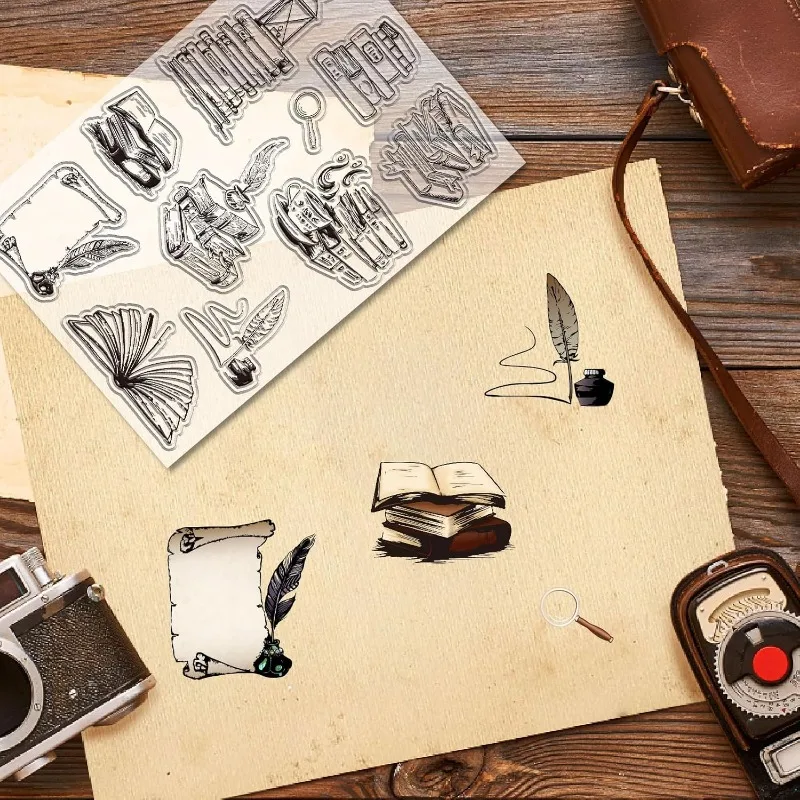 1Sheet Books Clear Stamps Magnifying Glass Quill Reusable Retro Transparent Silicone Stamp Seals for Scrapbooking Photo Album clear stamps,clear rubber stamps